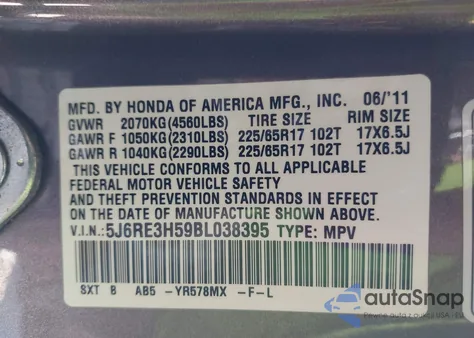 2011 Honda Cr-V Ex from USA, damaged, VIN 5J6RE3H59BL038395
